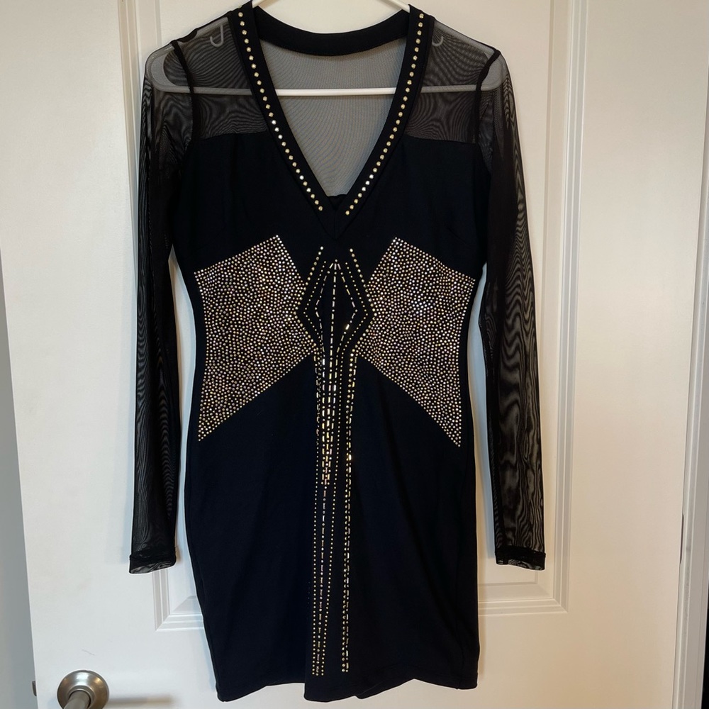 BeBe Long Sleeve Dress Studded Mesh Dress with Gold Detail